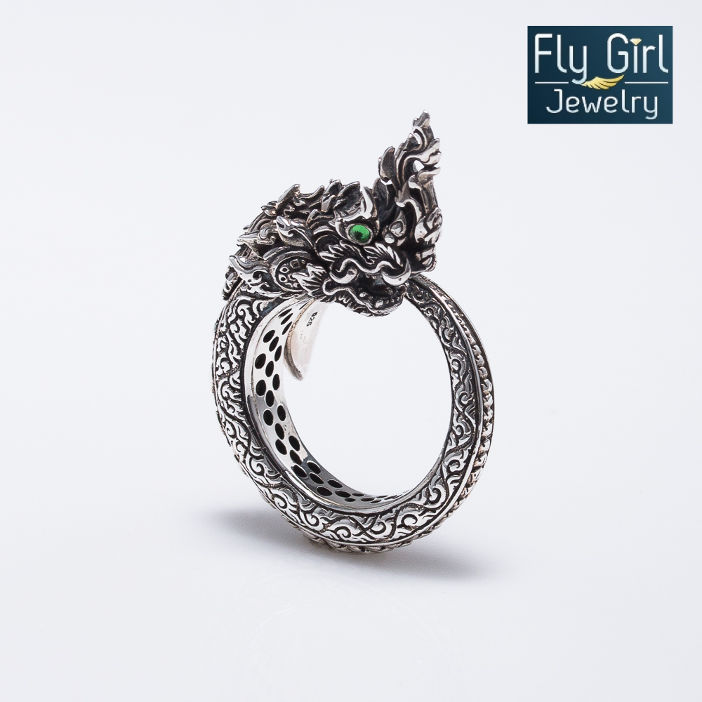 แหวนพญานาคราช เงินแท้ดวงตาประดับพลอยแท้ Tsavorite ช่วยปกป้องคุ้มครอง เรียกโชคลาภ งานสวยมีมิติ ลวดลายไทยคมชัดสวยงาม Made in Thailand