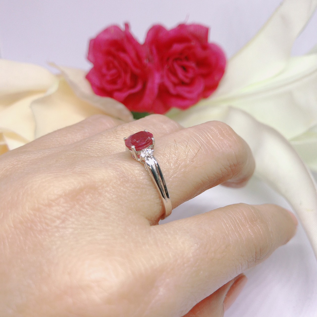 แหวนเงินแท้ พลอยทับทิมแท้ เพชรแท้(ราศีกรกฎ)