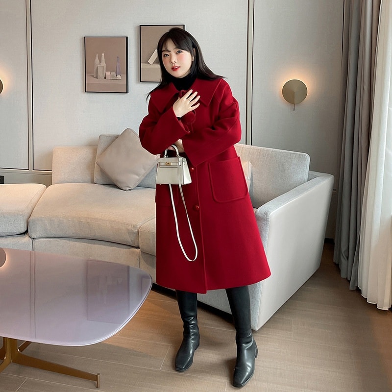 2324-0013 โค้ทกันหนาวไซส์ใหญ่ ผ้าวูล คอตุ๊กตา น่ารัก