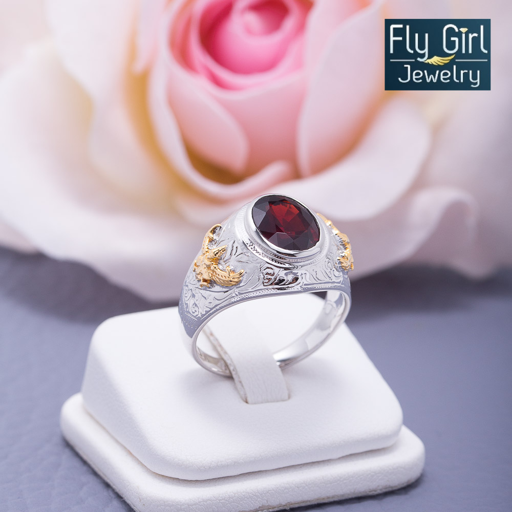 แหวนครุฑพลอยโกเมนแท้เงินแท้ลายไทยสวยคลาสสิค(ราศีมังกร) ใส่รับโชคปีใหม่ช่วยปกป้องคุ้มครอง