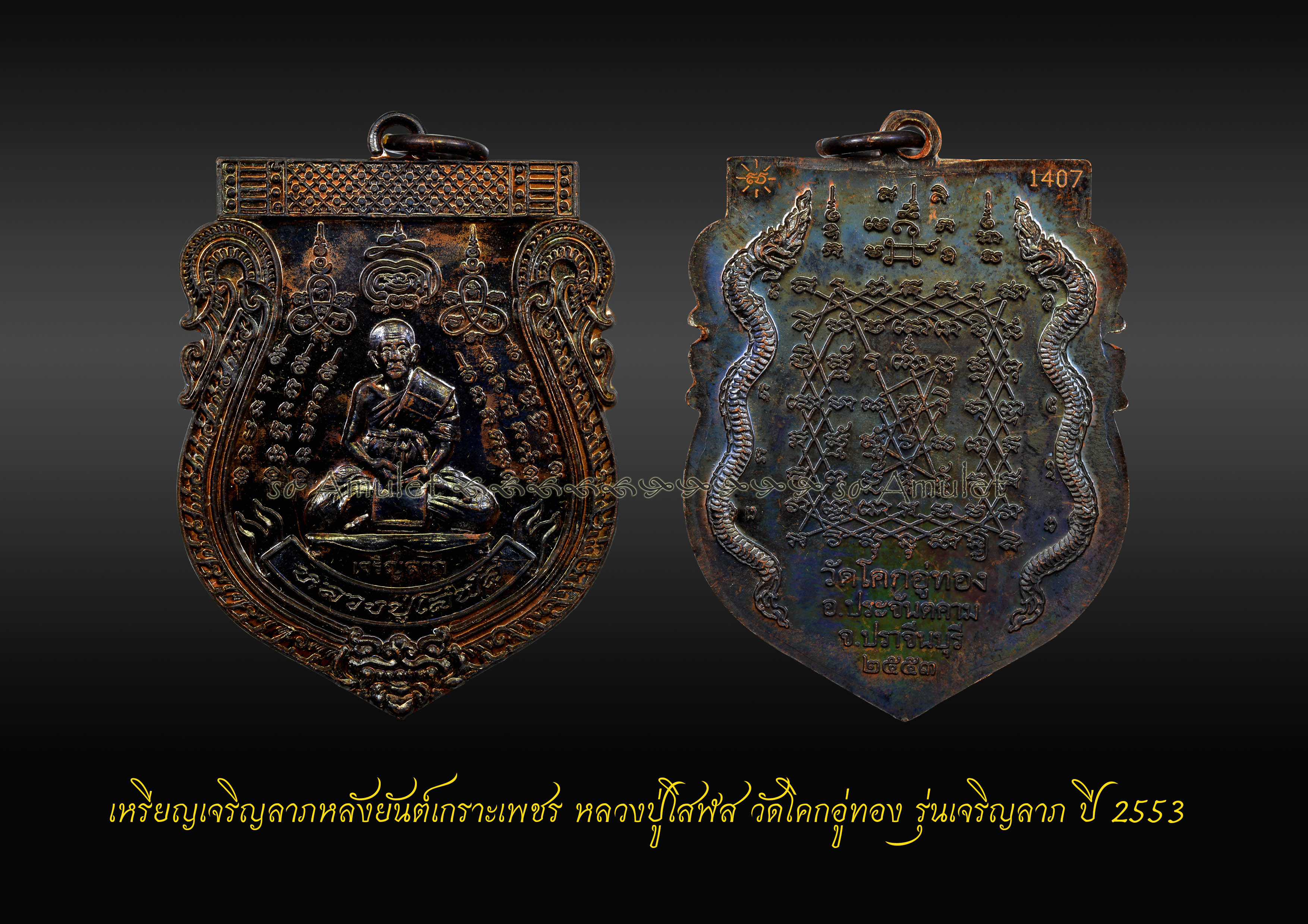 เหรียญเจริญลาภหลังยันต์เกราะเพชร หลวงปู่โสฬส วัดโคกอู่ทอง รุ่นเจริญลาภ ปี2553 เมื้อทองแดงรมดำ