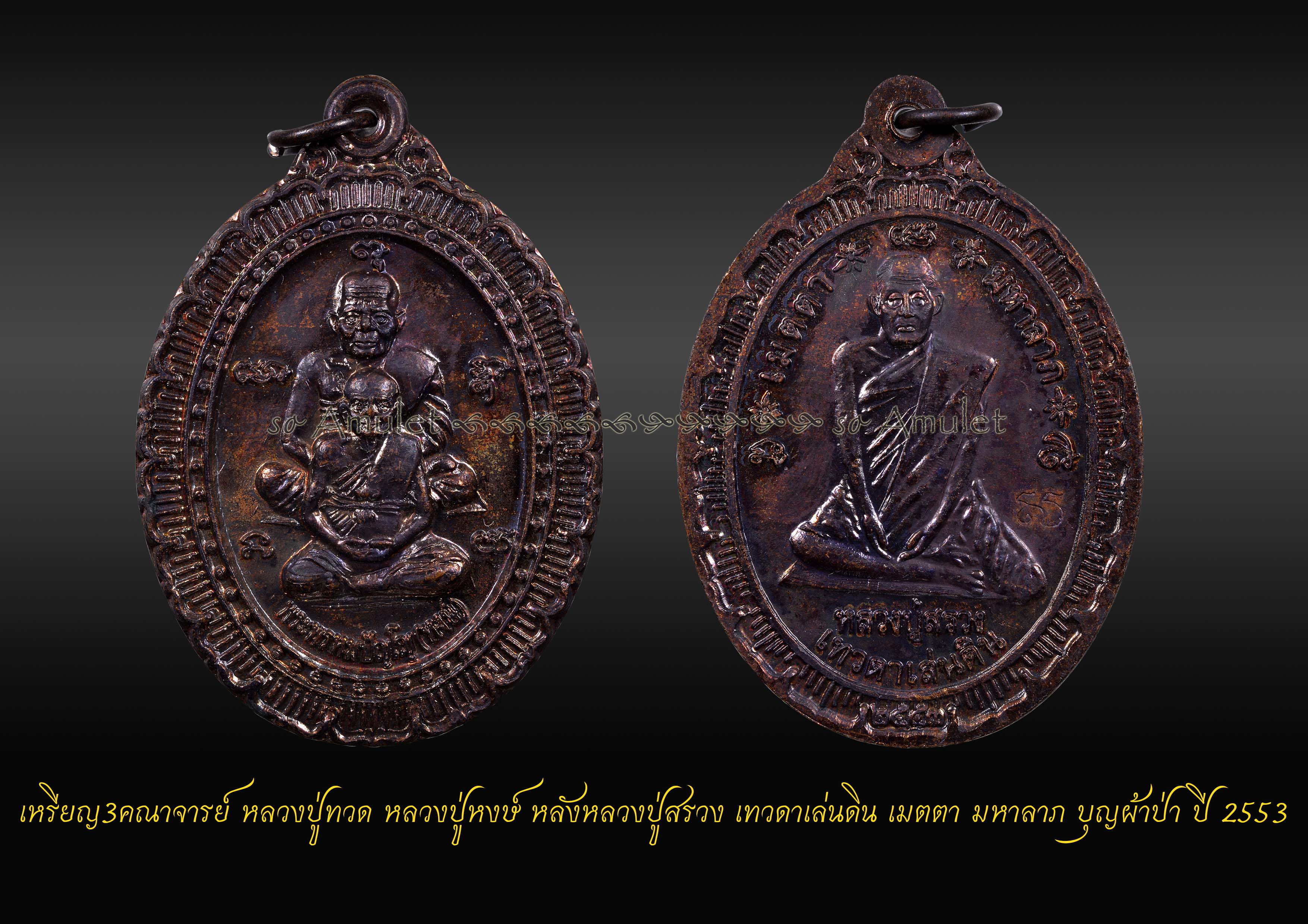 เหรียญ3คณาจารย์ หลวงปู่ทวด หลวงปู่หงษ์ หลังหลวงปู่สรวง เทวดาเล่นดิน เมตตา มหาลาภ บุญผ้าป่า ปี 2553