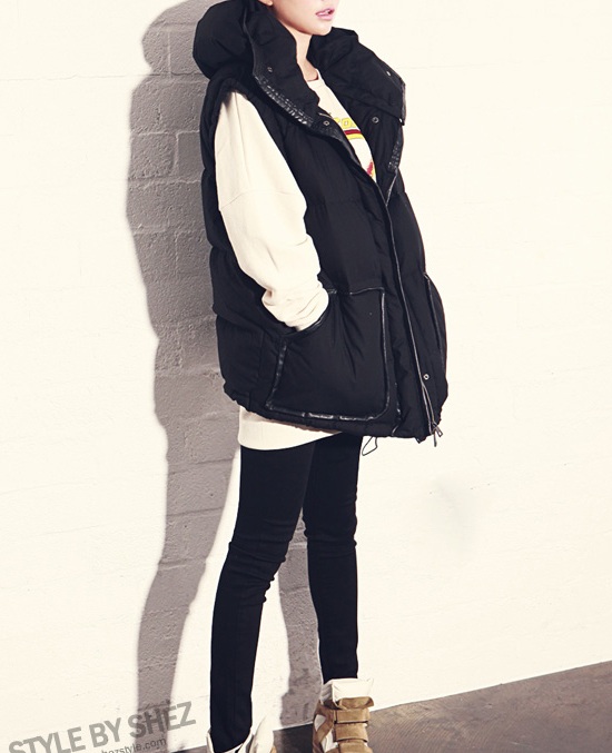 PreOrderคนอ้วน - เสื้อกั๊กแฟชั่น ผ้าร่มบุนวม มี Hood สีดำ