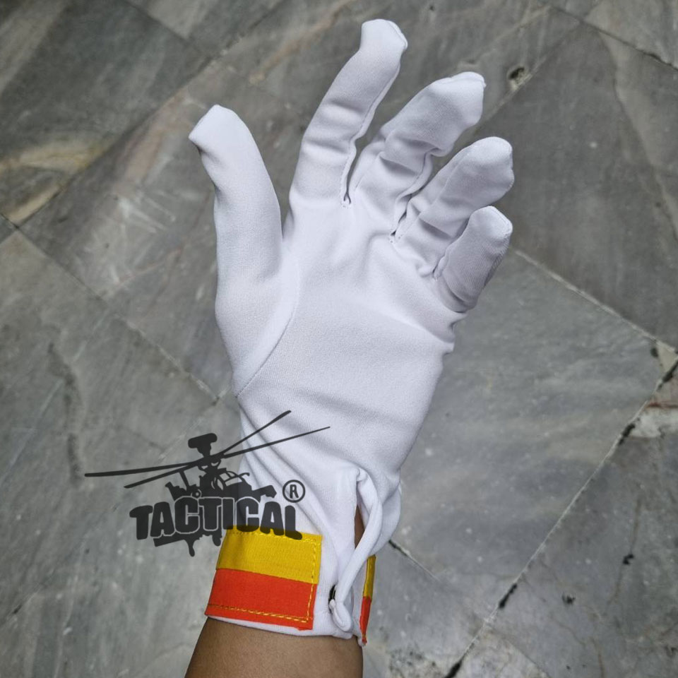 ถุงมือจราจรสีขาว (แถบเหลือง-ส้ม) กระดุม เต็มนิ้ว