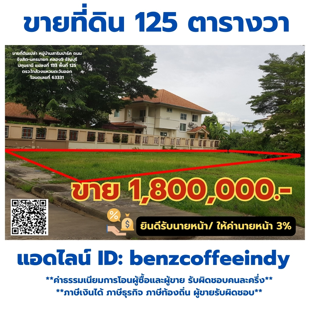 ขายที่ดินเปล่า หมู่บ้านสารินปาร์ค เท่าราคาประเมิน ถนนรังสิต-นครนายก คลอง5 ธัญบุรี ปทุมธานี แปลงที่ 153 พื้นที่ 125 ตรว.ใกล้วงแหวนตะวันออก