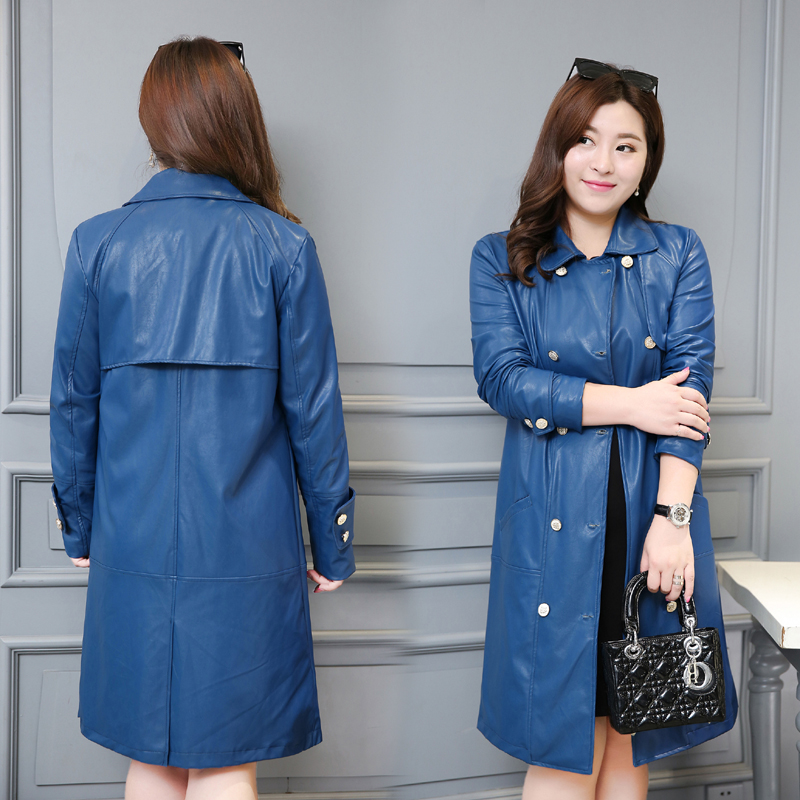 PreOrderเสื้อผ้าคนอ้วน - เสื้อโค้ท หนัง Pu ตัวยาว สี : น้ำเงิน / ดำ