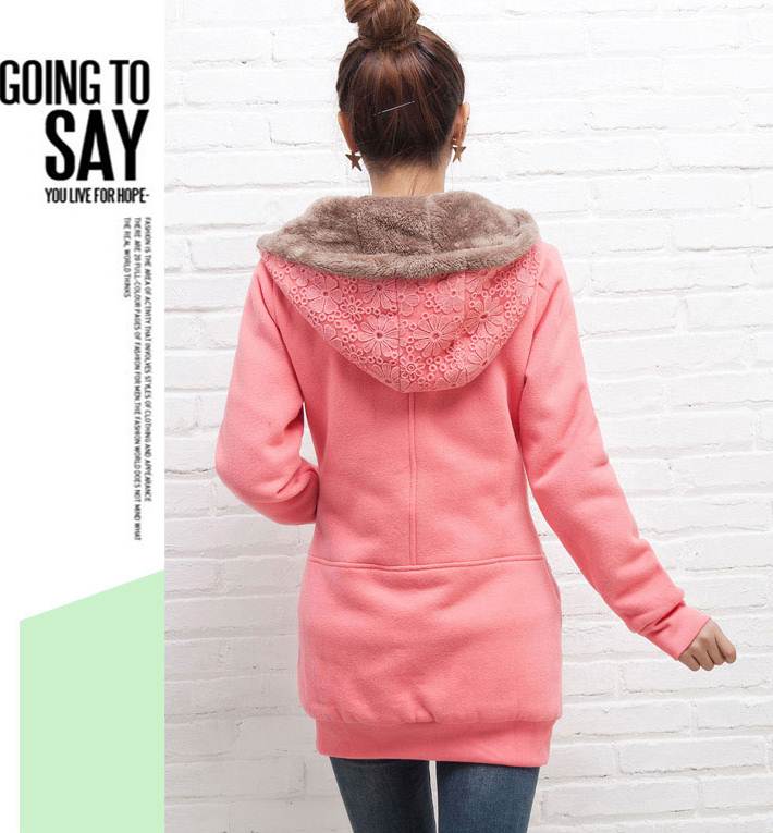 PreOrderไซส์ใหญ่ - เสื้อกันหนาวไซส์ใหญ่ คนอ้วน ผ้าฝ้าย มี Hood แต่งผ้าลูกไม้ที่หมวกและคอ สี : ชมพู / น้ำตาล