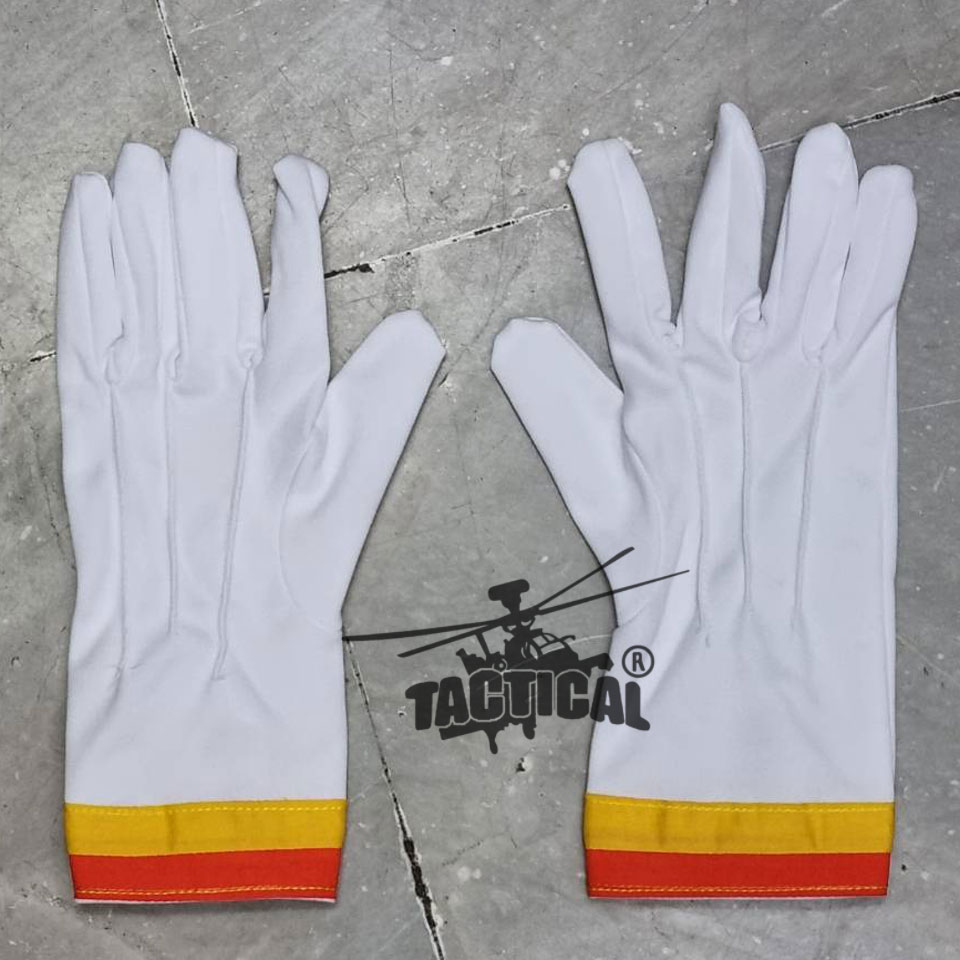 ถุงมือจราจรสีขาว (แถบเหลือง-ส้ม) กระดุม เต็มนิ้ว