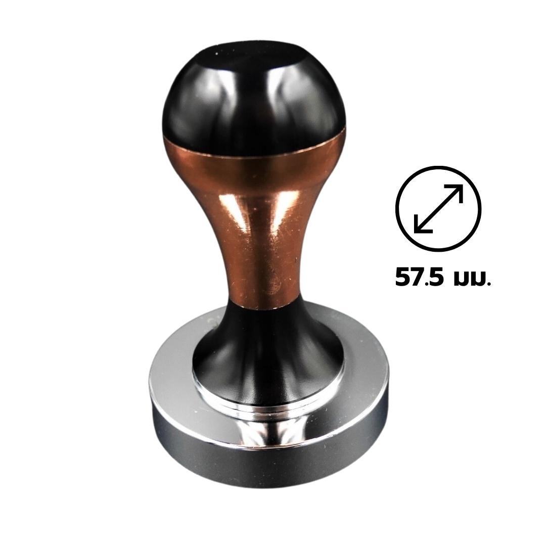 ที่กดผงกาแฟ แทมเปอร์ Tamper ด้ามจับสีดำสลับทองเหลือง พื้นเงิน ขนาด 57.5 มิล รหัส 2093
