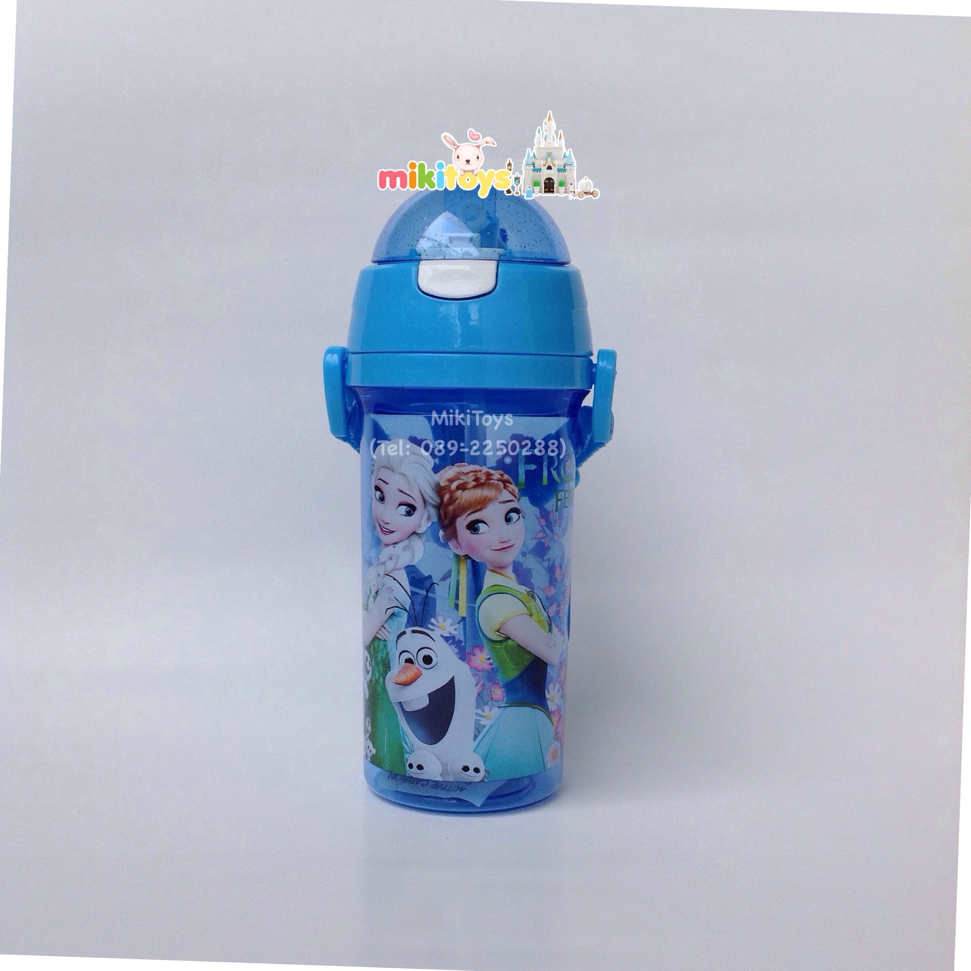 กระติกน้ำเจ้าหญิง Frozen FEVER (Elsa&Anna&Olaf) สีฟ้า โฟรเซ่น ฟีเวอร์ลายใหม่ รุ่นกดฝาเด้ง สีฟ้าใส