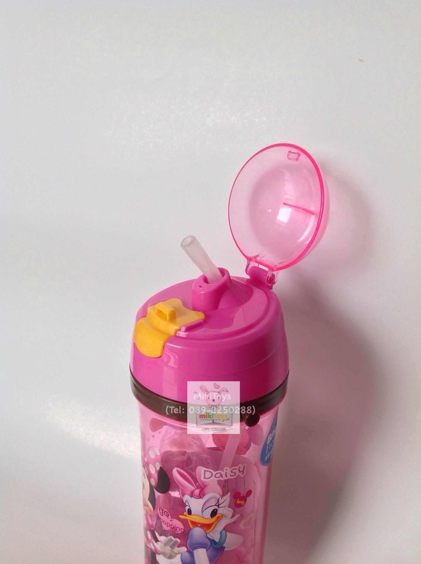 กระติกน้ำมินนี่เมาส์ MinnieMouse *BPA Freeปลอดภัย สีชมพูใส ปุ่มกดสีเหลือง ใบใหญ่จุใจ500ml.