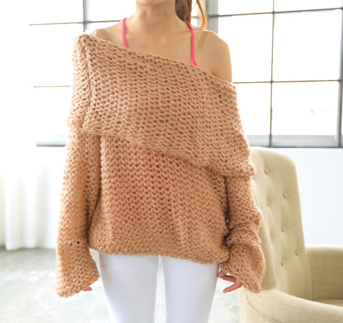 Pre Order - เสื้อกันหนาวแฟชั่นเกาหลี คอเสื้อเหมือนทหารเรือ ผ้าถักนิตติ่ง สีชมพู / สีกาแฟ