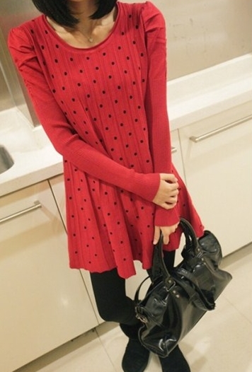 Pre Order - เสื้อกันหนาวแฟชั่นสไตล์เกาหลี คอกลมไหมพรมลายจุด ดีไซด์อินเทรน : สีชมพู-จุดดำ / สีแดง-จุดดำ / สีแดง-จุดขาว / สีดำ-จุดขาว / สีน้ำเงิน-จุดขาว