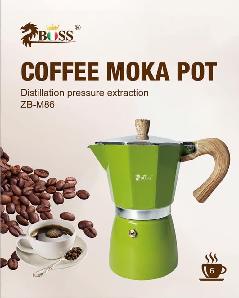 หม้อต้มกาแฟ หม้อชงกาแฟ มอคค่าพอท ขนาด 6 คัพ สีเขียว ตรา BOSS ด้ามจับไม้ ZB-M86 รหัส 1704