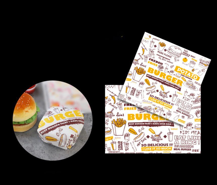 กระดาษเคลือบกันไขมัน (grease-proof paper) พิมพ์ลาย สำหรับห่อแฮมเบอร์เกอร์ (แพ็ค 100 แผ่น)