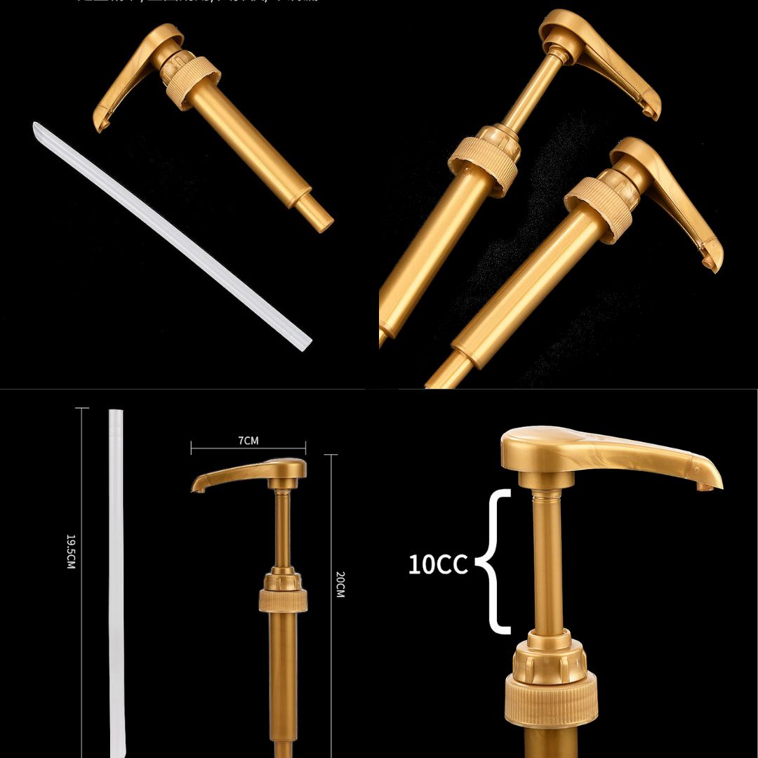 หัวปั้มน้ำเชื่อมพลาสติกสีทอง ปั้มละ 10 cc. รหัส 2457 ใช้กับขวดลองบีช มอนิงตัน โทรานี่ได้