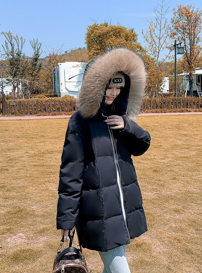 2324-0095 เสื้อกันหนาวไซส์ใหญ่ ความยาวปานกลาง เฟอร์ Hood พร้อม