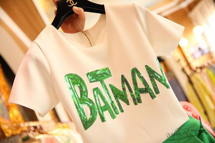 ##พร้อมส่ง## เซตคู่ เสื้อกางเกงกระโปรงแฟชั่น ทั้งไซส์ใหญ่ ไซส์เล็ก เสื้อแขนสั้นเย็บBatman กางเกงขาสั้นดีไซส์ทันสมัย สี : ขาวเขียว