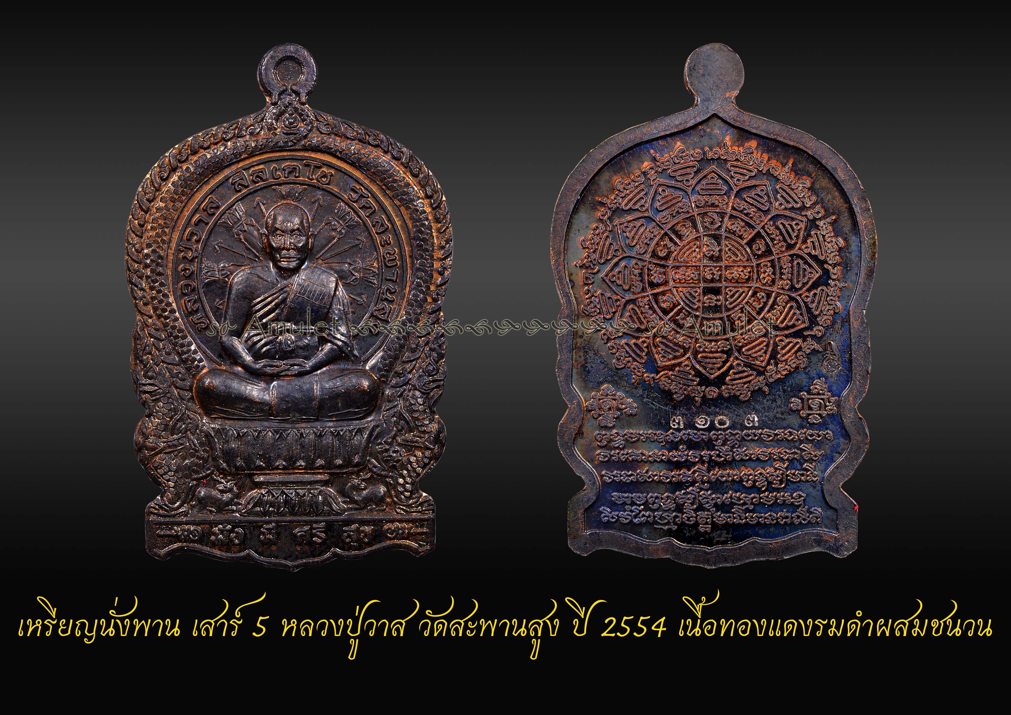 เหรียญนั่งพาน เสาร์ 5 หลวงปู่วาส วัดสะพานสูง ปี 2554 เนื้อทองแดงรมดำผสมชนวน