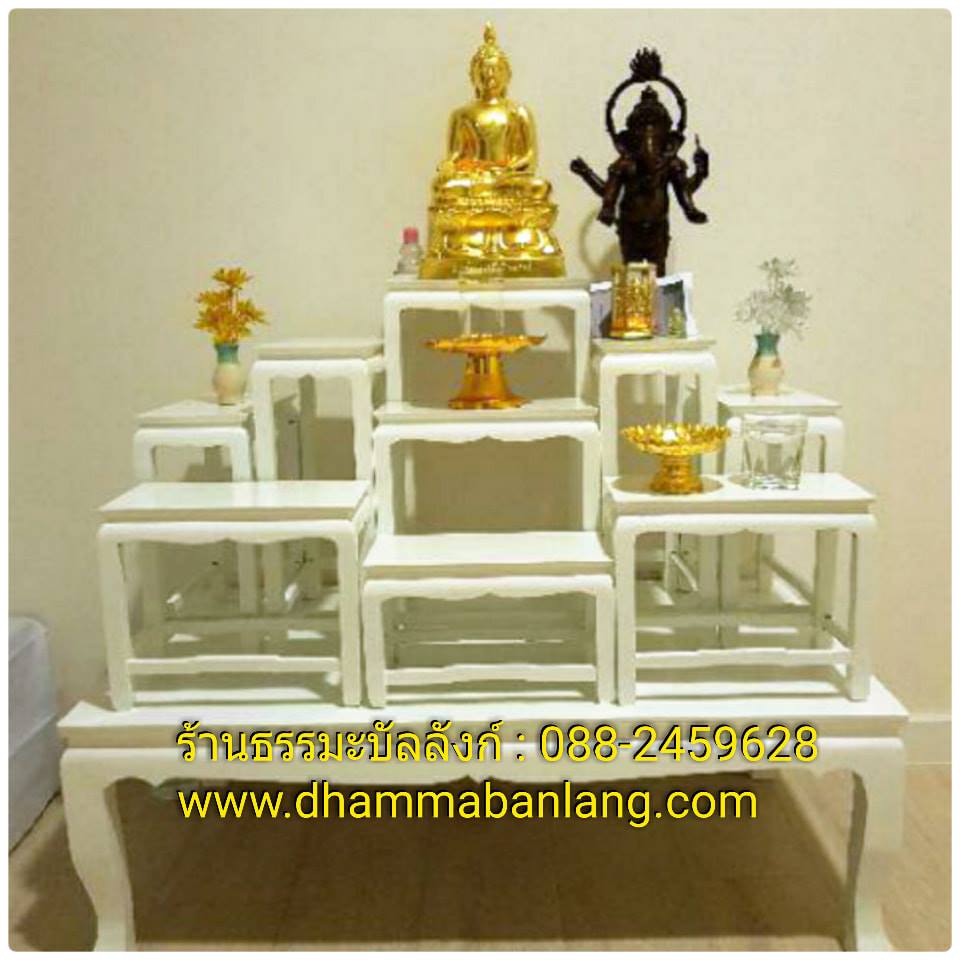 โต๊ะหมู่บูชา หมู่ 9 หน้า 6 แบบเรียบ ไม้ทุเรียน ขาตรง สีขาว (คลิ๊กดูขนาด)