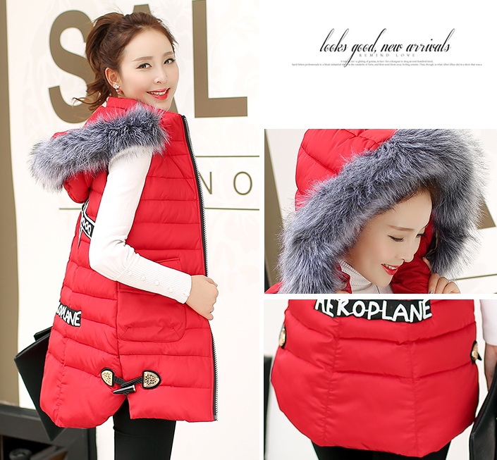 PreOrderคนอ้วน - เสื้อกั๊กแฟชั่น ผ้าร่มบุนวม มี Hood ขนเฟอร์ มีลายด้านหลัง สี : ดำ / แดง / เหลือง / เทา / เขียวทหาร / เขียงใบไม้ / ครีม / ชมพู / น้ำเงิน