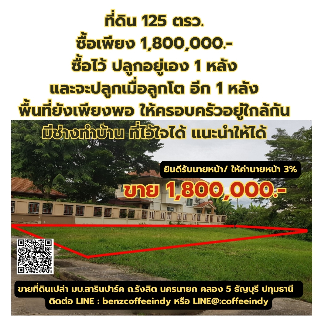 ขายที่ดินเปล่า หมู่บ้านสารินปาร์ค เท่าราคาประเมิน ถนนรังสิต-นครนายก คลอง5 ธัญบุรี ปทุมธานี แปลงที่ 153 พื้นที่ 125 ตรว.ใกล้วงแหวนตะวันออก