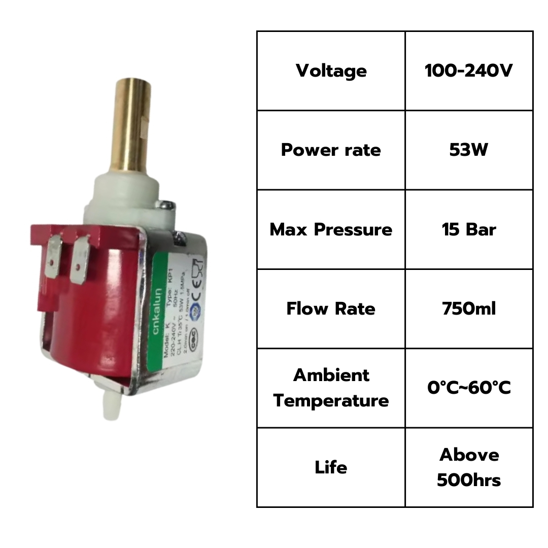 อะไหล่ปั้มเครื่องชงกาแฟ Cnkalun KP1 solenoid pump คอทองเหลือง 220-240V 53W 50HZ 15BAR รหัส 0880