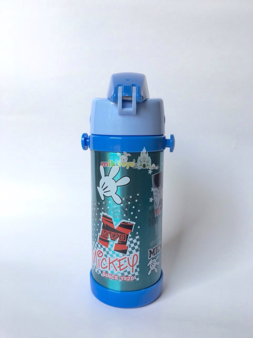กระติกน้ำมิกกี้เมาส์ Mickey Mouse 1928 สีฟ้าขนาด350ml. รุ่นกดแล้วฝาเด้ง พร้อมตัวล็อค2ชั้น เก็บอุณหภูมิ