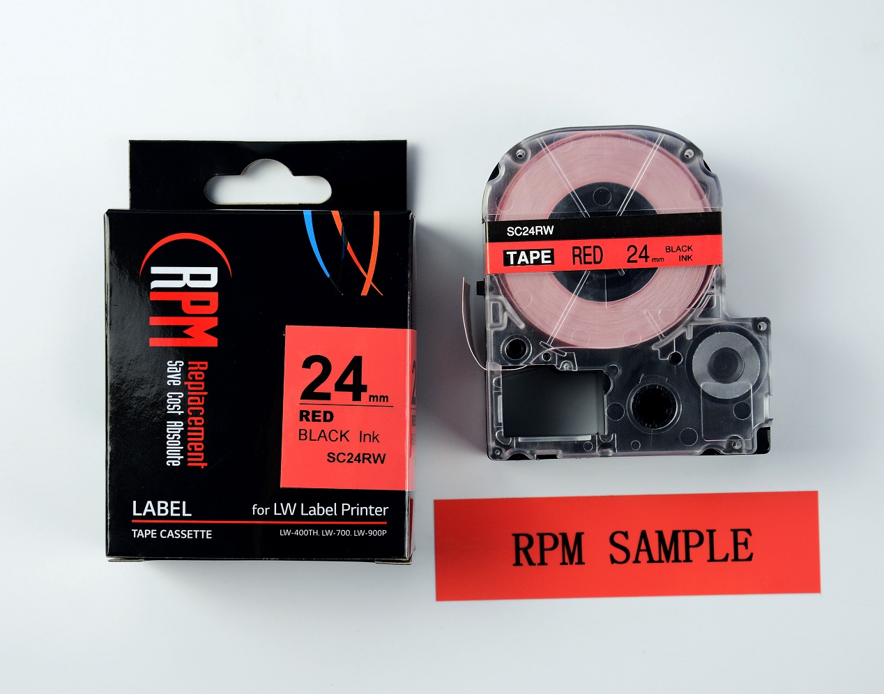 เทปพิมพ์อักษรสำหรับเครื่อง Epson 24มม. ดำพื้นแดง SC24RW