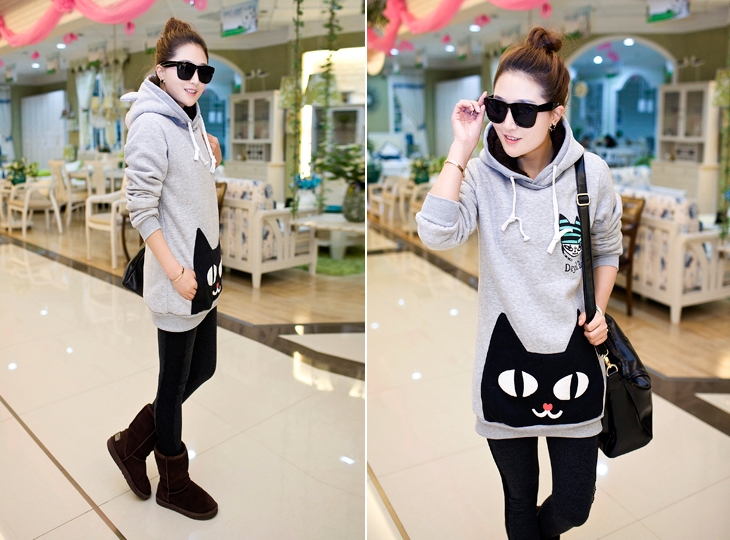 Pre Order - เสื้อกันหนาวแฟชั่นสไตล์เกาหลี ข้างในเป็นผ้ากำมะหยี่ หนา อุ่น สีเทา / สีแดง