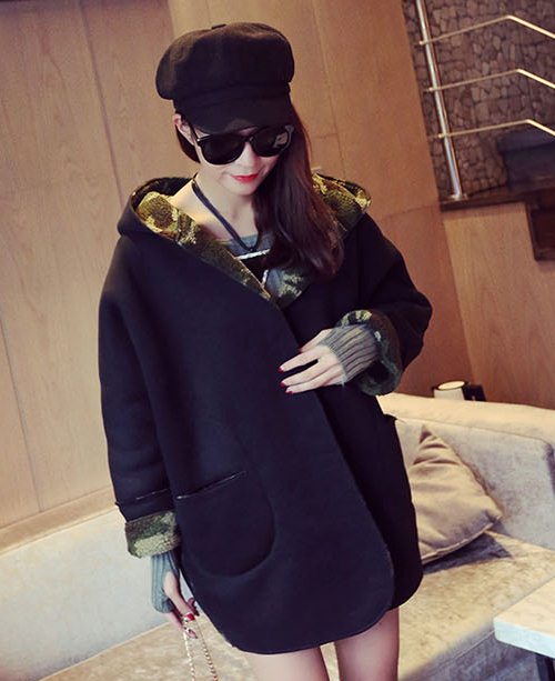 PreOrderคนอ้วน - เสื้อกันหนาว ผ้าฝ้ายขนแกะ สีเขียวลายพราง มีHood ใส่ 2 ด้านได้