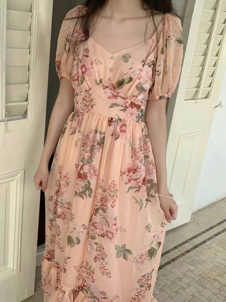 เดรสสไตล์เกาหลี ผ้าชีฟองสีสวยสดใส แพทเทิร์นเป้ะ