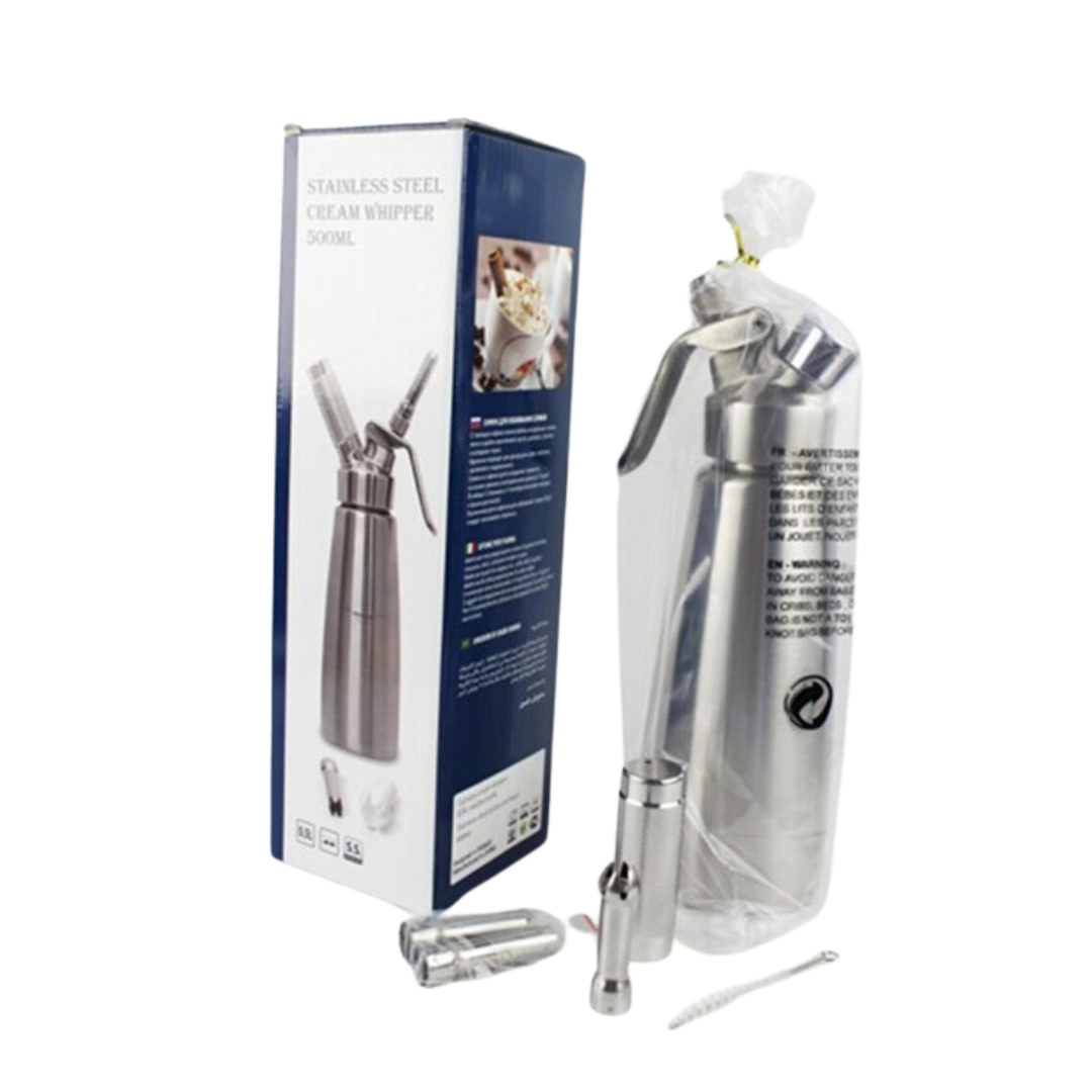 ขวดทำวิปครีม กระบอกวิปครีม 0.5 ลิตร สแตนเลส พร้อมดอกบีบด้ามจับโลหะ CREAM WHIPPER STAINLESS รหัส 0868