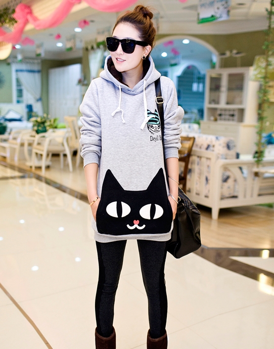 Pre Order - เสื้อกันหนาวแฟชั่นสไตล์เกาหลี ข้างในเป็นผ้ากำมะหยี่ หนา อุ่น สีเทา / สีแดง