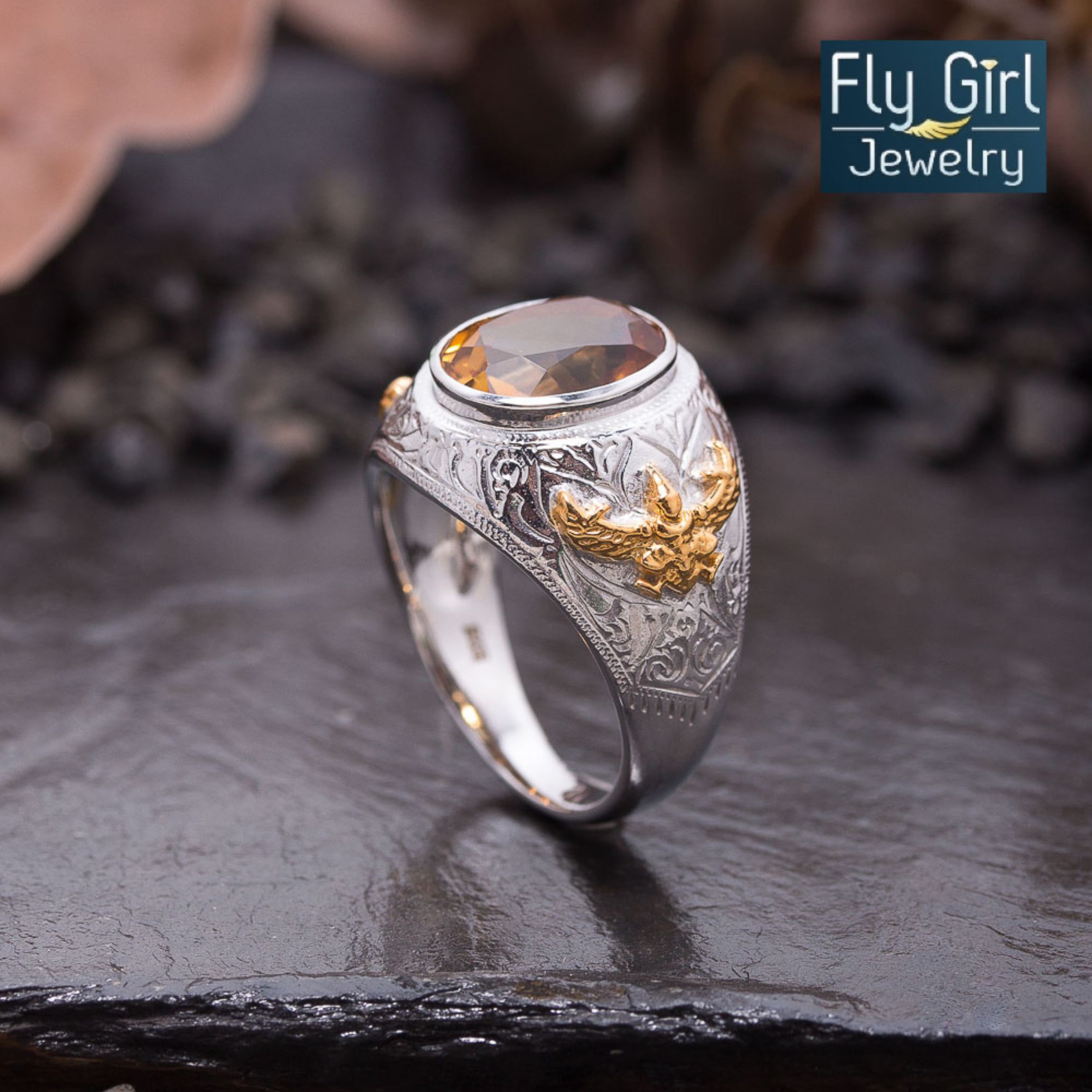 แหวนครุฑเงินแท้พลอยซิทรีนแท้ (ราศีพิจิกหรือเกิดวันจันทร์) ช่วยปกป้องคุ้มครองควรมีไว้สักวง