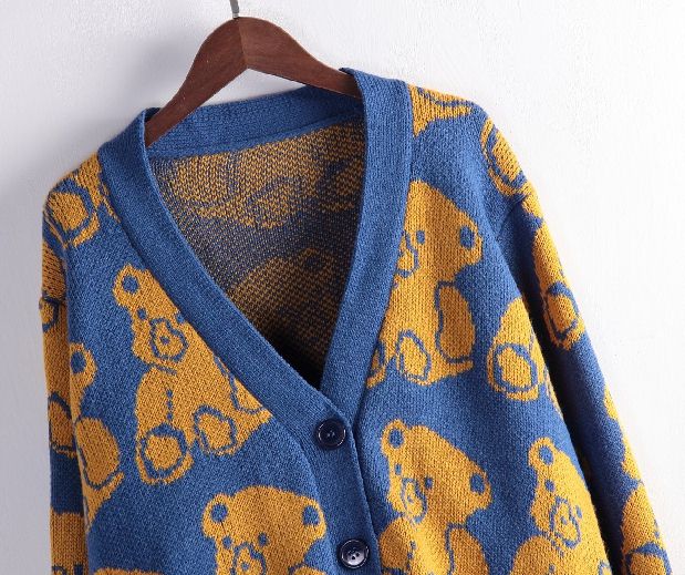 PreOrderเสื้อผ้าคนอ้วน - เสื้อกันหนาวคนอ้วน ไซส์ใหญ่ เสื้อไหมพรม ไม่หนาถักลายกระดุมหน้าสีน้ำเงิน