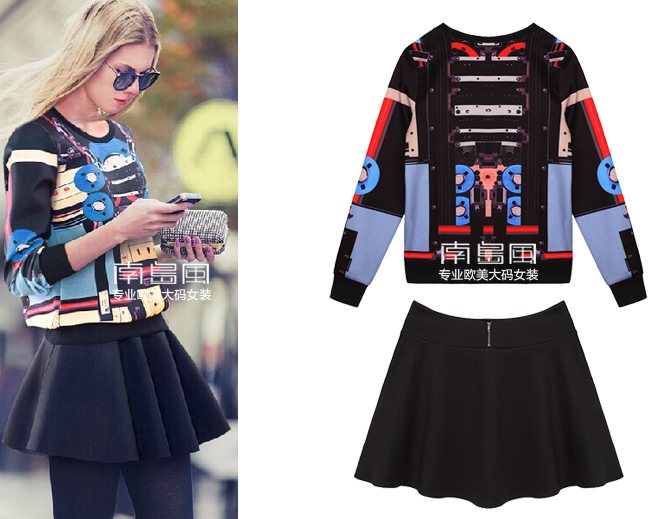 PreOrderคนอ้วน - เซตคู่กันหนาวแฟชั่น ไซส์ใหญ่ คนอ้วน เสื้อยืดคอกลม ผ้าโพลิเอสเตอร์พิมพืลาย + กระโปรงสั้นสีดำ