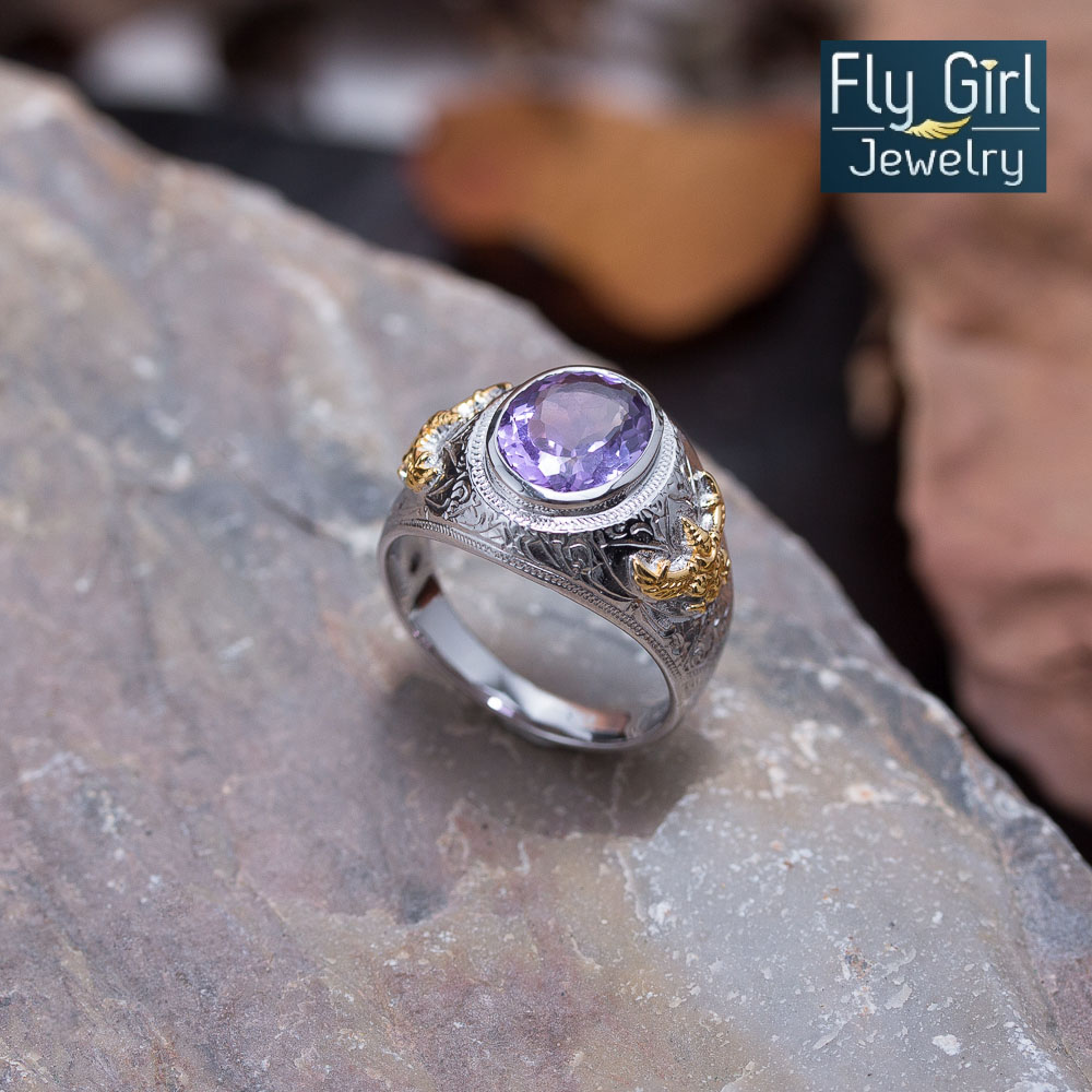 แหวนครุฑเงินแท้ พลอยอเมทิสต์แท้ เสริมดวงราศีกุมภ์ เสริมตำแหน่ง