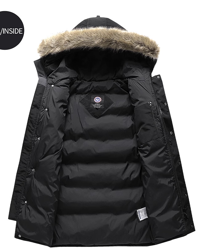 M2324-0012 โค้ทยาวผู้ชาย ขนเป็ด มีHood เฟอร์ ถอดได้ ราคาดี