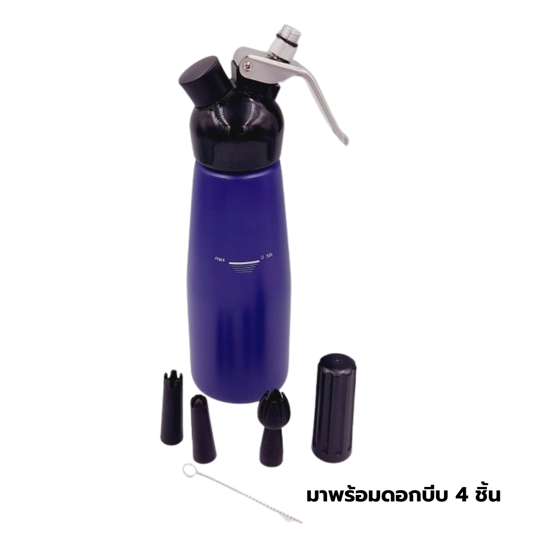 ขวดทำวิปครีม 500 ml CREAM WHIPPER กระบอกสีม่วง หัวบีบ PP สีดำ พร้อมชุดดอกบีบ รหัส 2385