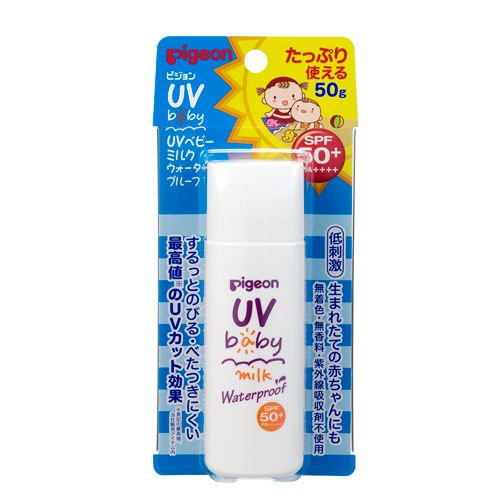 Pigeon UV Baby milk waterproof spf50+ Pa++++ ครีมกันแดดพีเจ้นสำหรับเด็ก เนื้อน้ำนม ขนาด 50g