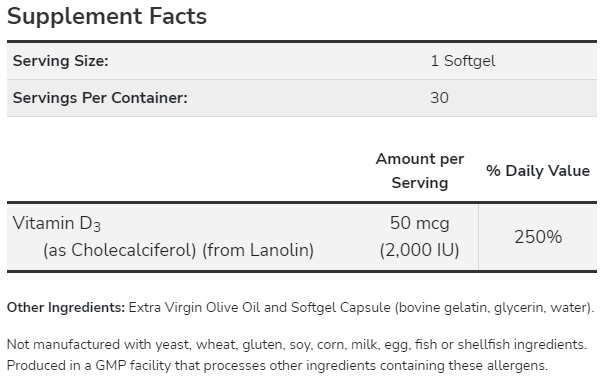 NOW Vitamin D3 2000 IU 120 Softgels ช่วยเสริมสร้างกระดูก ป้องกันกระดูกพรุน ป้องกันกระดูกบาง ช่วยเพิ่มภูมิคุ้มกันหวัด โควิท19 Covid