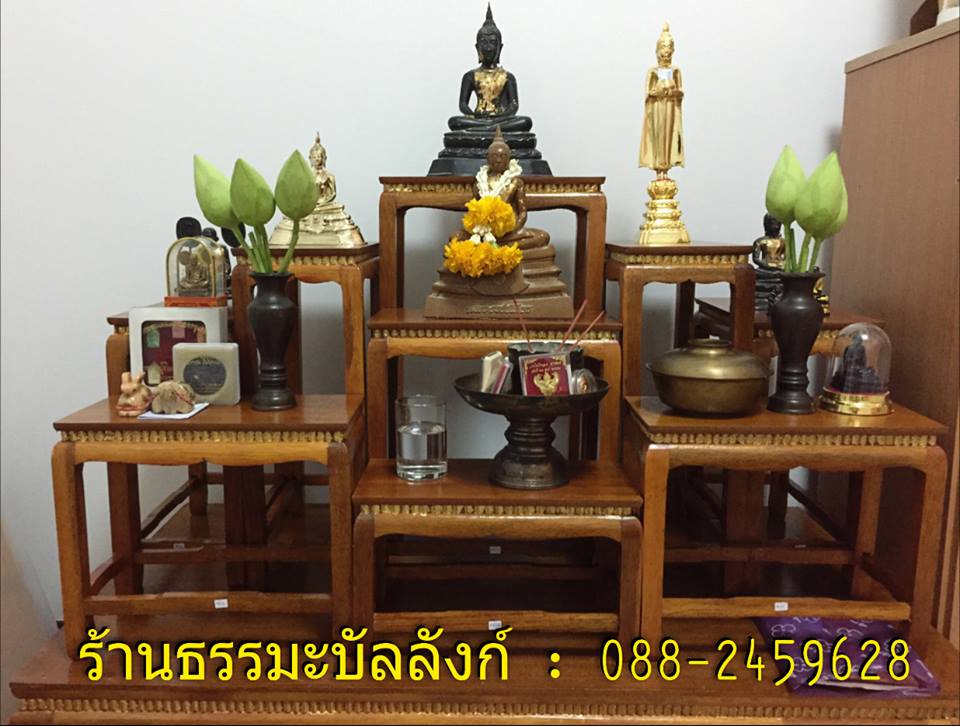 โต๊ะหมู่บูชา หมู่ 9 หน้า 6 แกะคอปิดทอง ไม้ทุเรียน ขาตรง สีเหลืองทอง