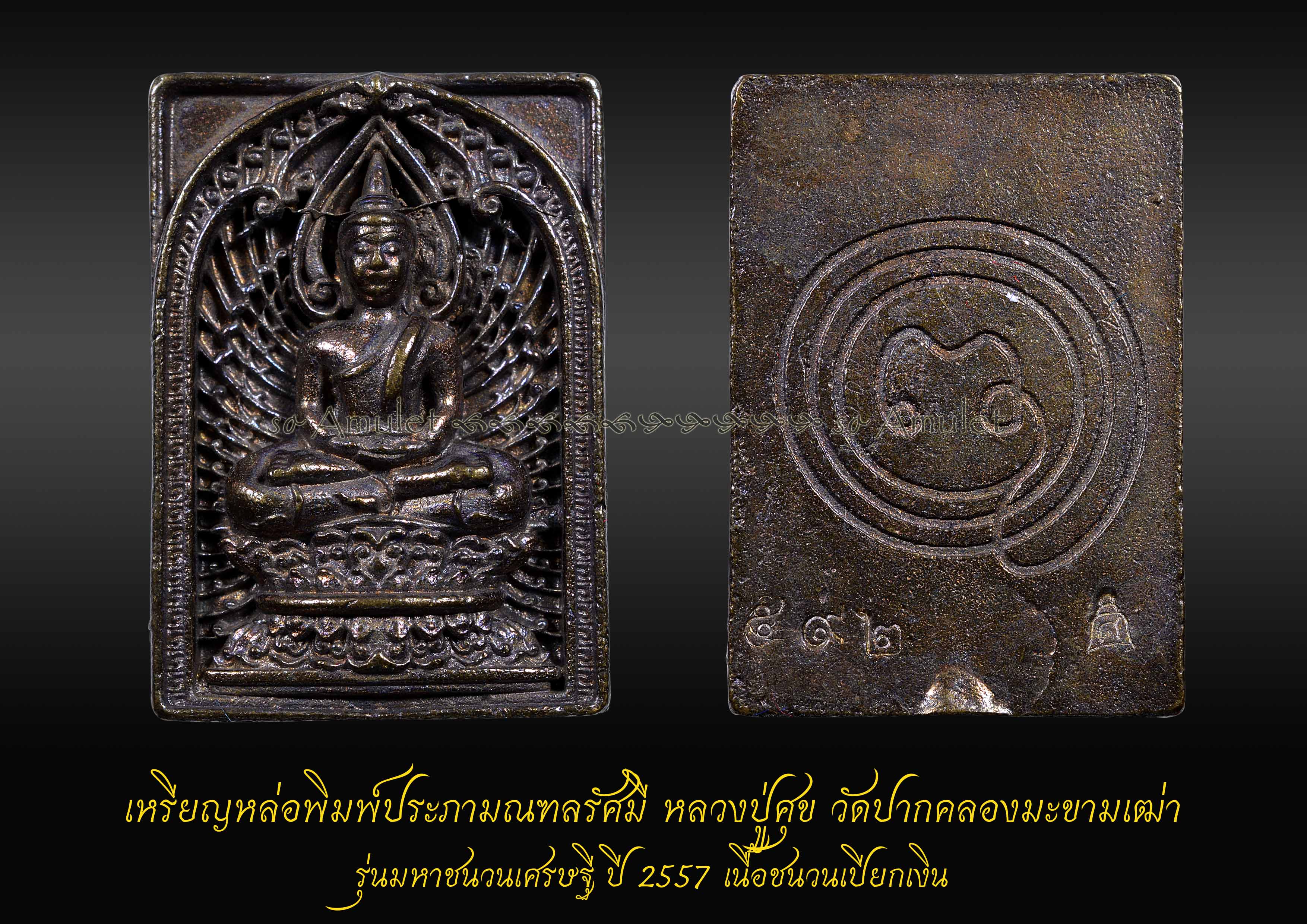 เหรียญหล่อพิมพ์ประภามณฑลรัศมี หลวงปู่ศุข วัดปากคลองมะขามเฒ่า รุ่นมหาชนวนเศรษฐี ปี2557 เนื้อชนวนเปียกเงิน
