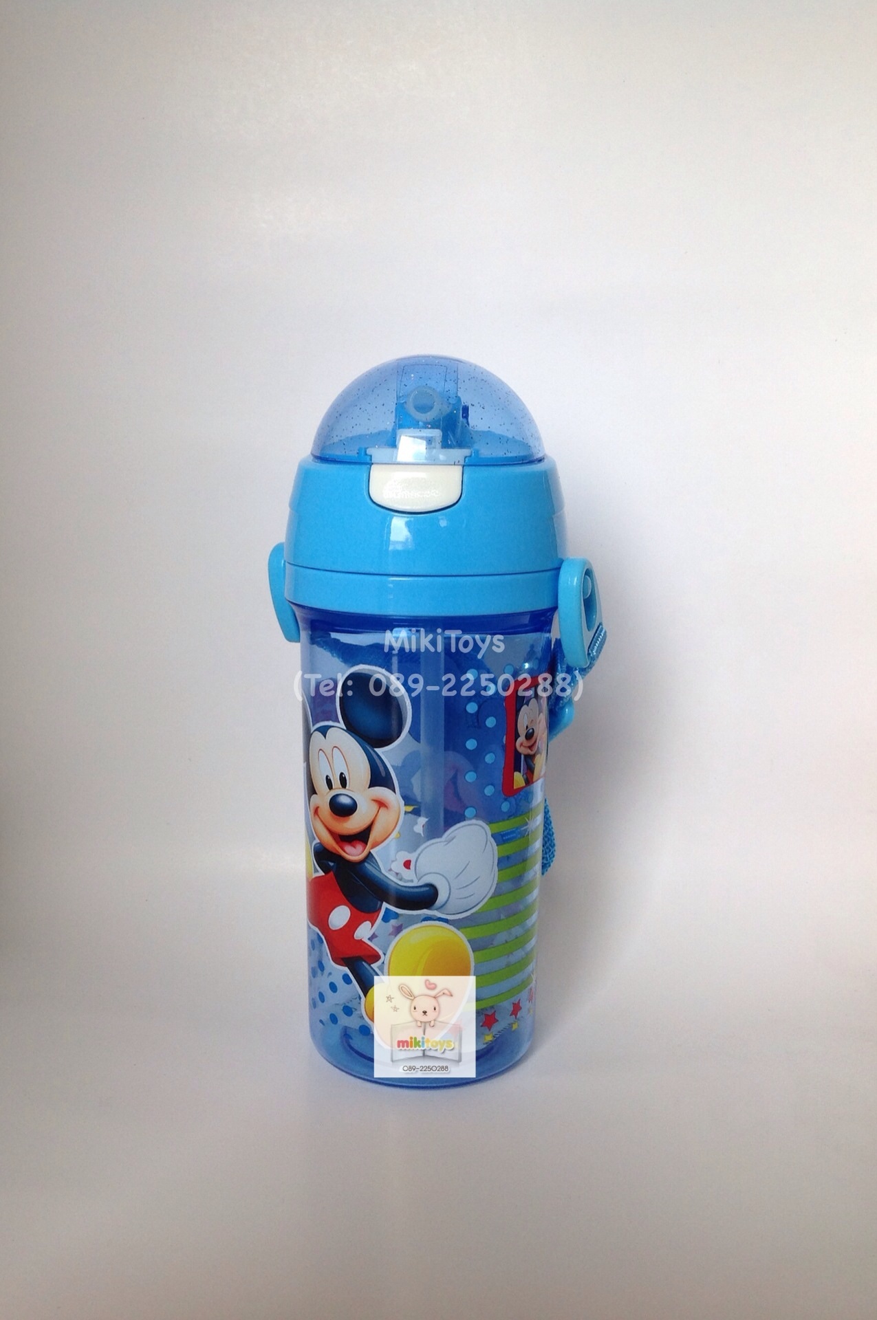 ✅กระติกน้ำมิกกี้เมาส์ Disney Mickey Mouse สีฟ้าใส 380ml. รุ่นฝาเด้ง หลอดในตัว ลายสกรีนสวย **BPA Free ปลอดภัย