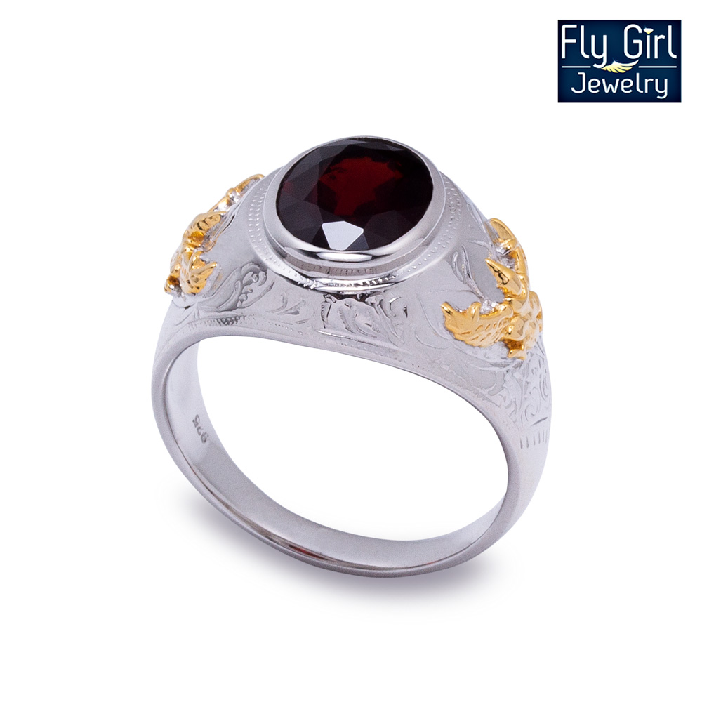 แหวนครุฑพลอยโกเมนแท้เงินแท้ลายไทยสวยคลาสสิค(ราศีมังกร) ใส่รับโชคปีใหม่ช่วยปกป้องคุ้มครอง