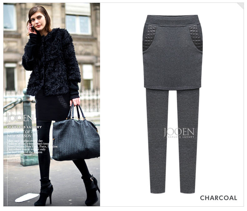 PreOrderคนอ้วน - กระโปรง+เลคกิ้งกันหนาวแฟชั่น ผ้าฝ้ายโพลิเอสเตอร์ ข้างในเป็นผ้ากำมะหยี่ ไม่หนา สี : เทา / ดำ