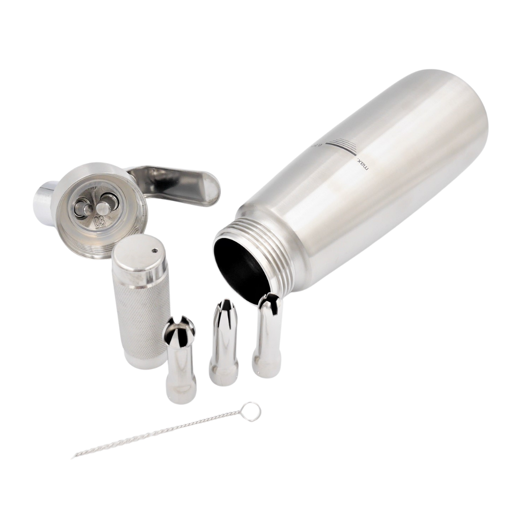 ขวดทำวิปครีม กระบอกวิปครีม 0.5 ลิตร สแตนเลส พร้อมดอกบีบด้ามจับโลหะ CREAM WHIPPER STAINLESS รหัส 0868