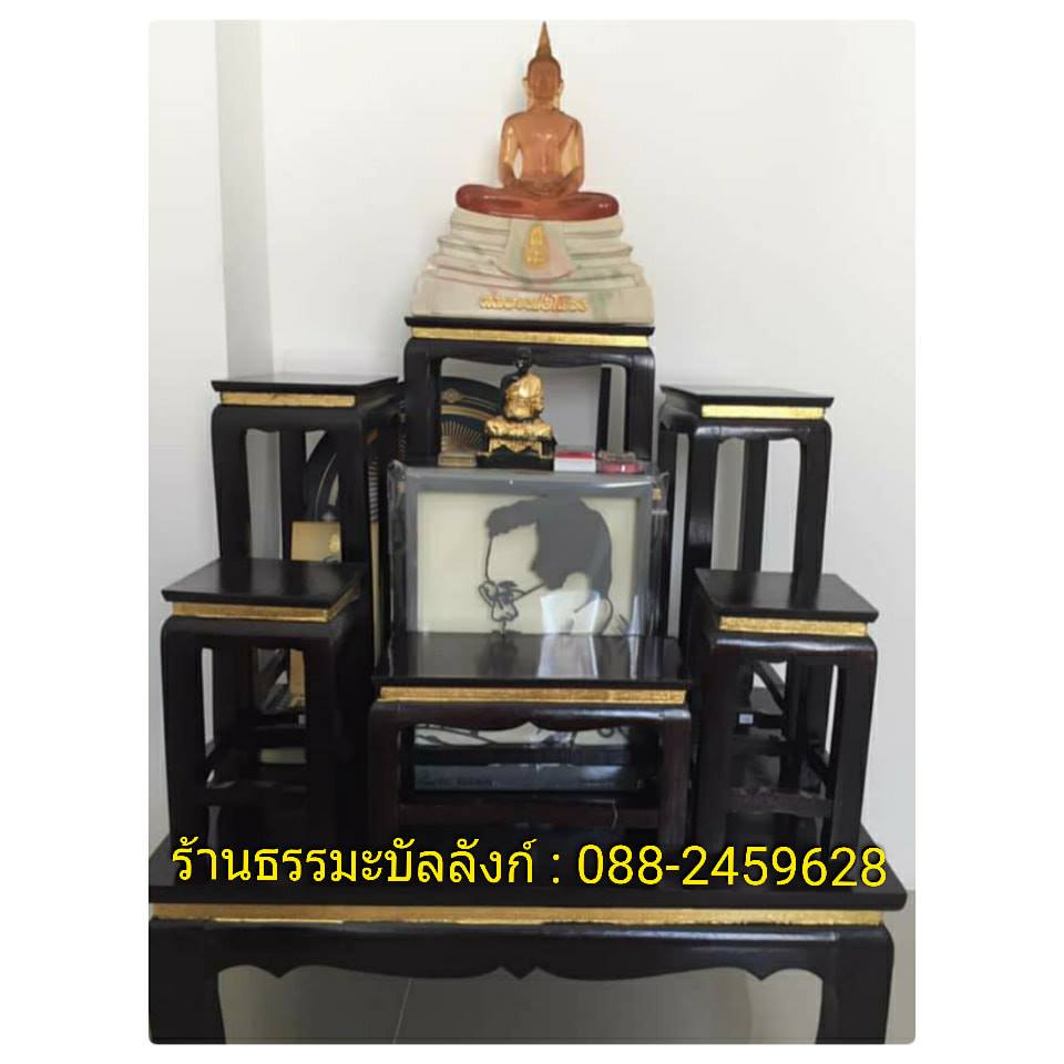 โต๊ะหมู่บูชา หมู่ 7 หน้า 5 แถบทอง ไม้ทุเรียน ขาตรง สีโอ๊ค (คลิ๊กดูขนาด)