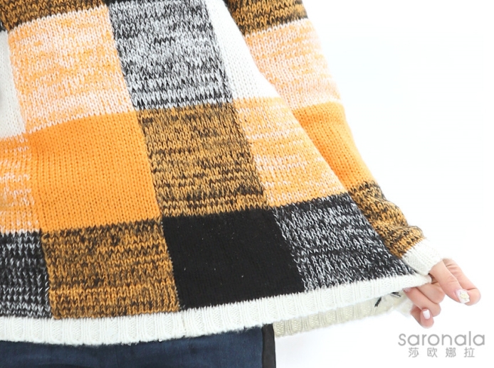 Pre Order - เสื้อกันหนาวสไตล์เกาหลี เสื้อไหมพรมหนา คอกลม ลายตาราง ฟรีไซส์
